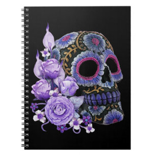 Caderno Espiral Dia preto floral roxo do crânio do açúcar do mo