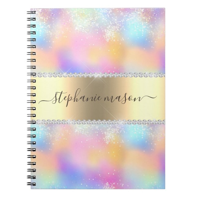 Caderno Espiral Diamante Dourado Holográfico Iridescente (Frente)