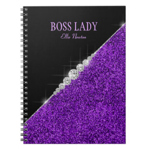 Caderno Espiral Diamantes de Prata com Brilho Roxo Personalizados