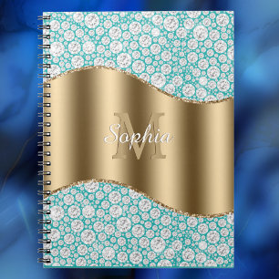 Caderno Espiral Diamantes Glam em Azul Turquesa, Monograma Dourado