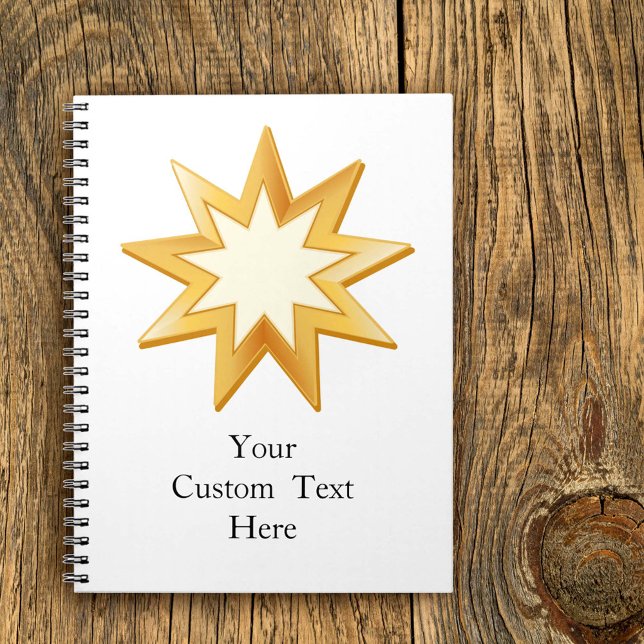Caderno Espiral Diário Baha'i de 6,5" x 8,75" (Nine pointed star, symbol of the Baha’i faith in gold. Customize with your text.)