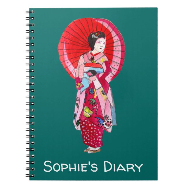 Caderno Espiral Diário de arte bonitinha de kimono vermelho-Geisha (Frente)