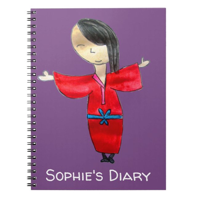 Caderno Espiral Diário de arte bonitinha vermelha kimono (Frente)