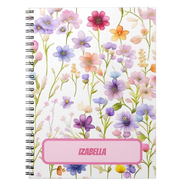 Caderno Espiral Diário de Design Floral de Primavera Azul Rosa Flo (Frente)