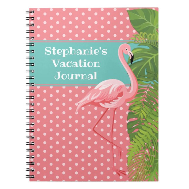 Caderno Espiral Diário de Férias de Bolinhas Flamingo Rosa Tropica (Frente)