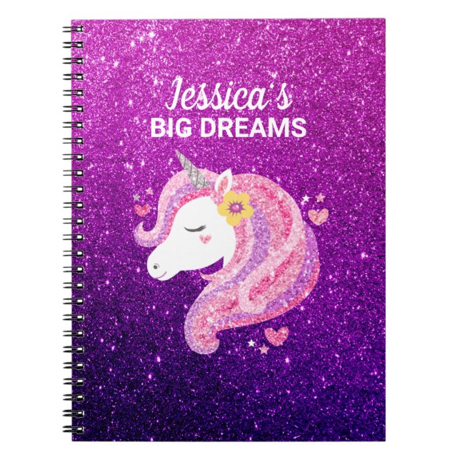 Caderno Espiral Diário de Foto Unicórn Glitter Bonito (Frente)