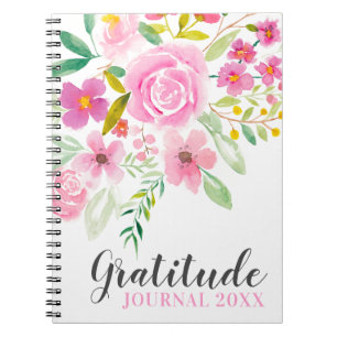Caderno Espiral Diário de gratidão floral de aquarela rosa moder