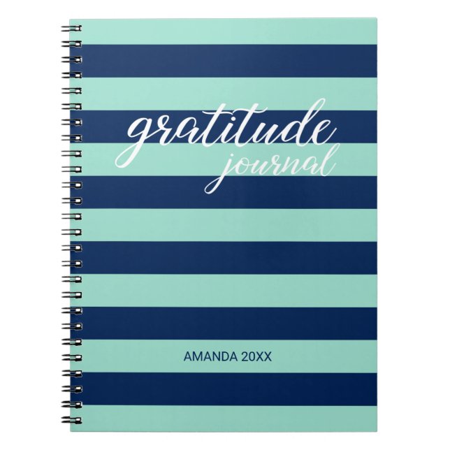 Caderno Espiral Diário de Gratidão Mint Green Marinho Stripe Name (Frente)