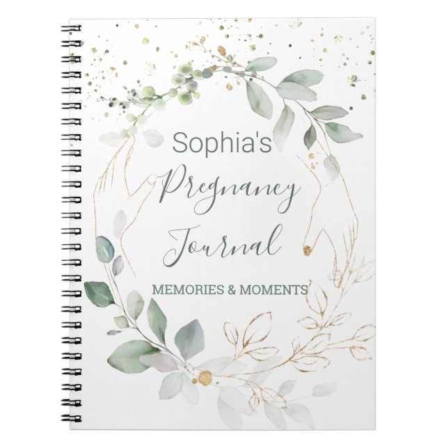 Caderno Espiral Diário de Gravidez Dourada Verde com Aquarela (Frente)