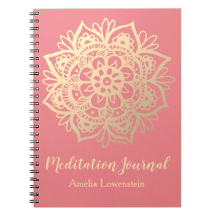 Caderno Espiral Diário de Meditação de Mandala Dourado e Rosa