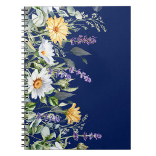 Caderno Espiral Diário de notebook Marinho azul Boho Flores Selvag