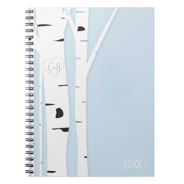Caderno Espiral Diário de Notebook Rustic Birch Tree Heart Icy Blu (Frente)