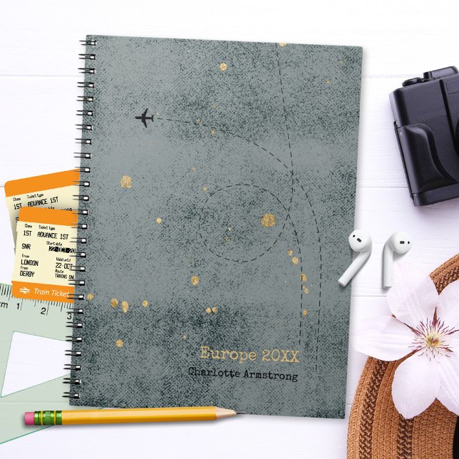 Caderno Espiral Diário de Viagem Dourada do avião russo (Rustic Airplane Dark Gray Gold Travel Journal ©Susanne Sachers - Sunny Wanderlust 🌞✈️)