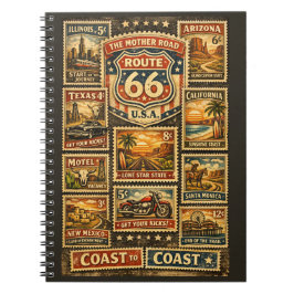 Caderno Espiral Diário de Viagem Selo Postal Rota 66 Vintage