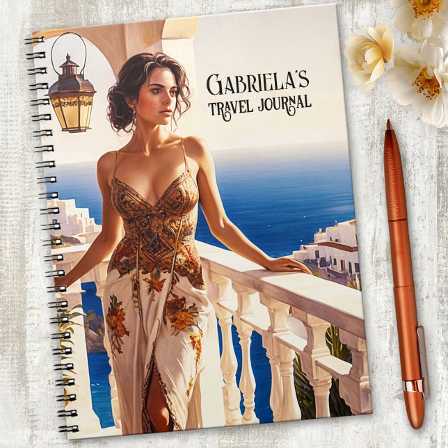 Caderno Espiral Diário de Viagens de Verão Exóticas (Notebook featuring an elegant lady on a balcony overlooking the ocean. Great for travel notes.)