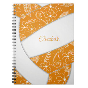 Caderno Espiral diário de volei de penas laranja branco doodle