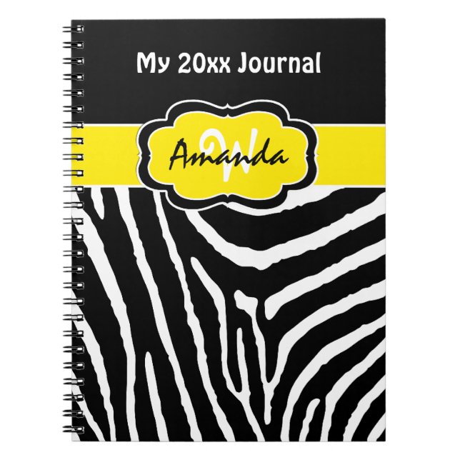 Caderno Espiral Diário de zebra branca amarela personalizada (Frente)