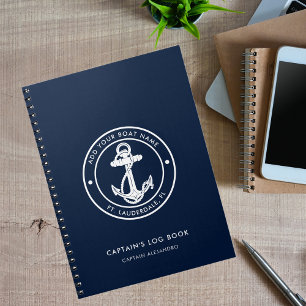 Caderno Espiral Diário do Capitão Azul Marinho do Nome do Barco An