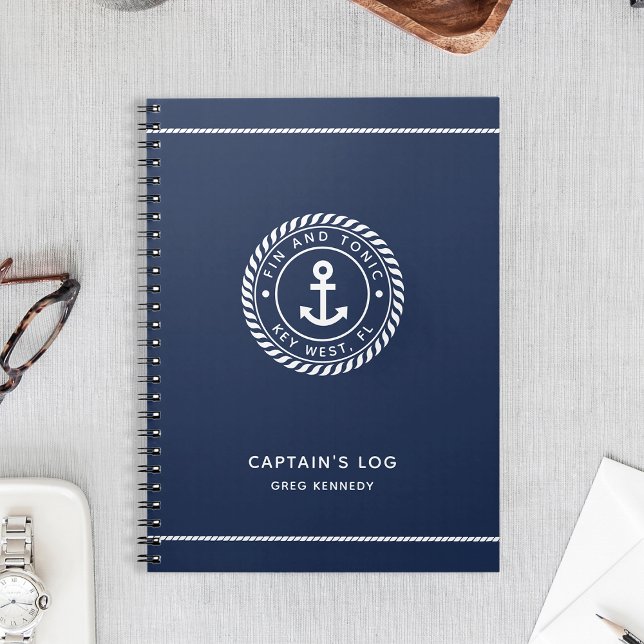 Caderno Espiral Diário do Capitão do marinho Azul Ancorado Náutico (Criador carregado)