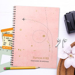 Caderno Espiral Diário do Viagem de Nome do Avião Dourado Rosa Mod