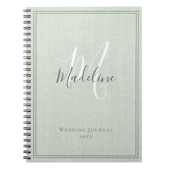 Caderno Espiral Diário Elegante Monograma Russo Sage Verde Linen (Frente)