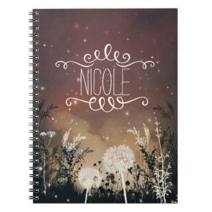 Caderno Espiral Diário Estrelas e Folhagem do Céu Noturno Rústico