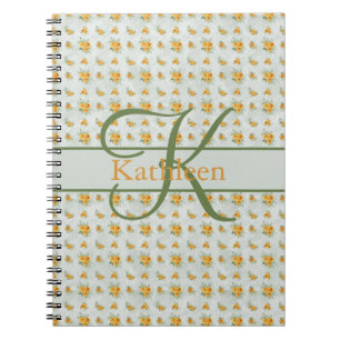 Caderno Espiral Diário Floral Amarelo Verde com Nome e Inicial Mon