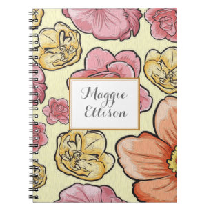 Caderno Espiral Diário Floral Rosa Amarelo Laranja Personalizado