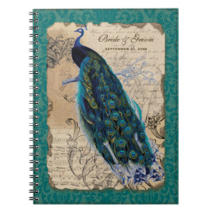 Caderno Espiral Diário Formal de Casamento de Pavão Antigo