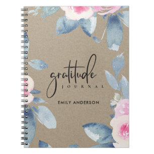 CADERNO ESPIRAL DIÁRIO GRATITUDE KRAFT PINK BLUSH BLUE FLORAL AZUL