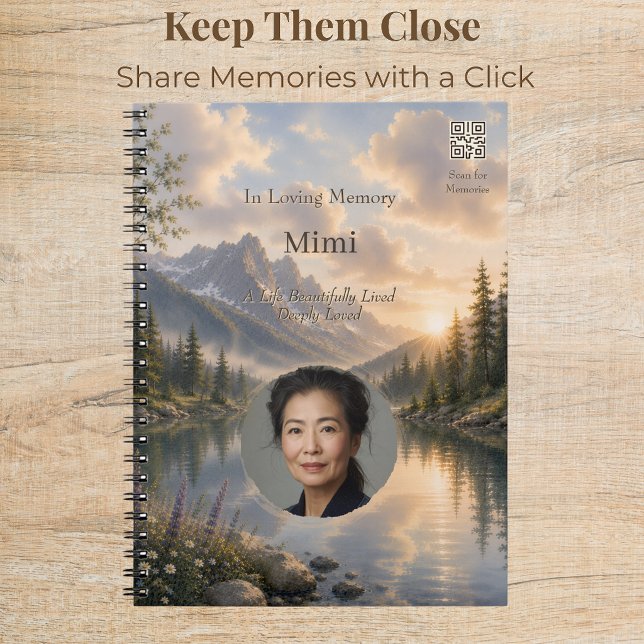 Caderno Espiral Diário Memorial Custom Quiet Waters com QR Code (Custom memorial journal with photo and QR code featuring a peaceful watercolor mountain lake design.)