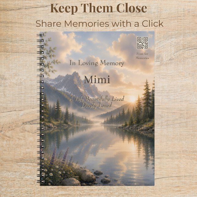 Caderno Espiral Diário Memorial Quiet Waters com QR Code (Elegant memorial journal with custom QR code and peaceful watercolor mountain lake artwork.)