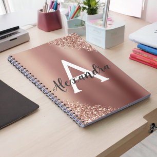 Caderno Espiral Diário Monograma com Brilho de Folha de Ouro Rosa