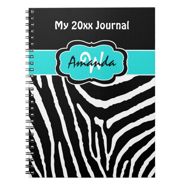 Caderno Espiral Diário Personalizado Aqua Black White Zebra Stripe (Frente)