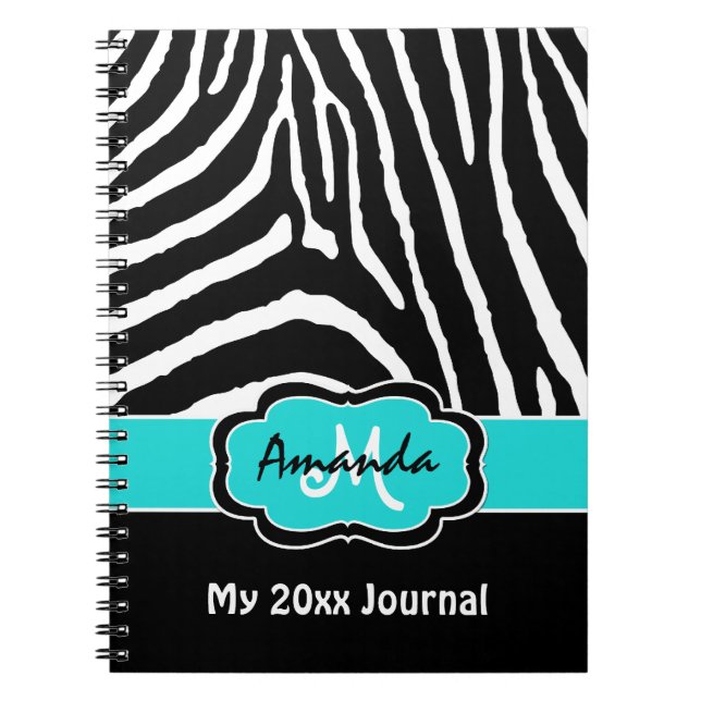 Caderno Espiral Diário Personalizado Aqua Black White Zebra Stripe (Frente)