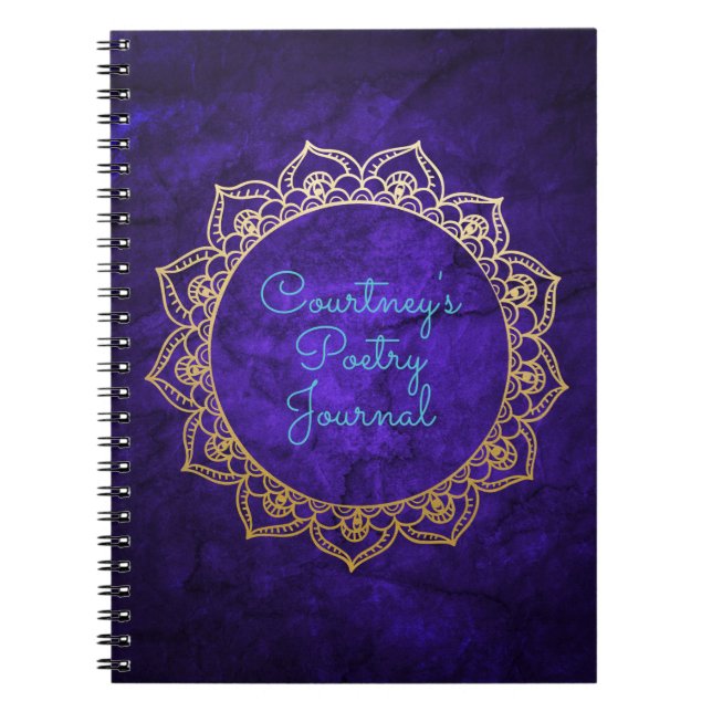 Caderno Espiral Diário personalizado da poesia com mandala Dourado (Frente)