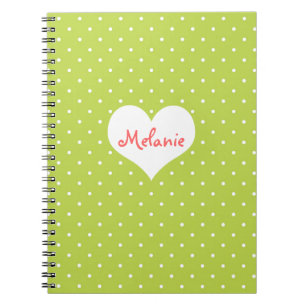 Caderno Espiral Diário personalizado do coração da bolinhas verde 