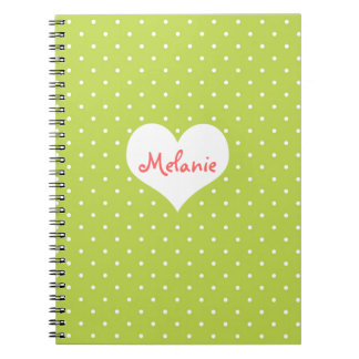 Caderno Espiral Diário personalizado do coração da bolinhas verde