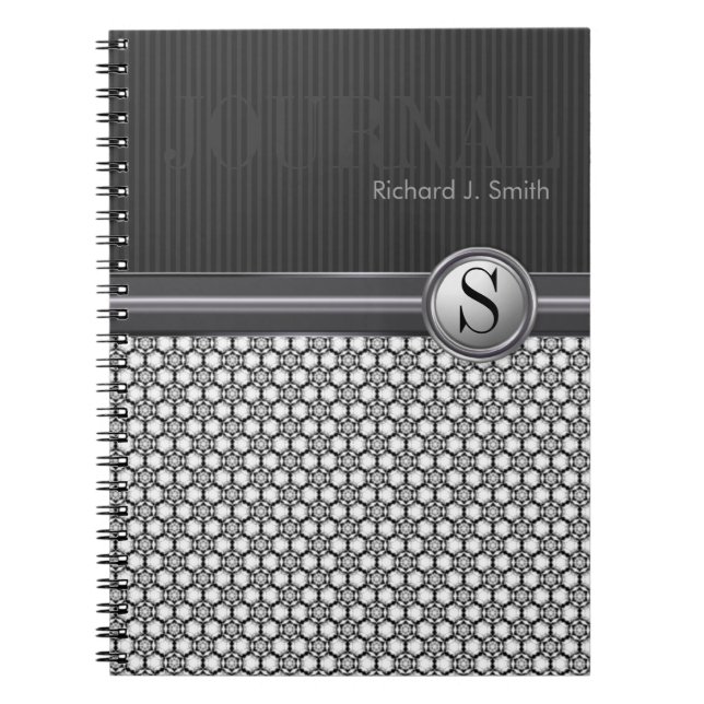 Caderno Espiral Diário Preto Branco Padrão Geométrico Hexágono (Frente)