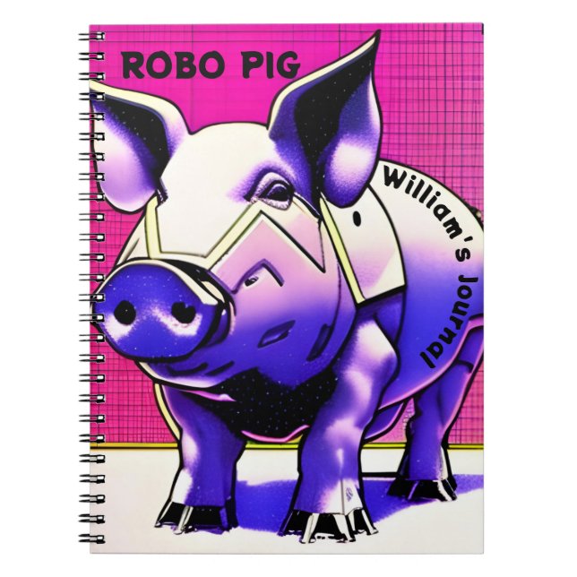 Caderno Espiral DIÁRIO ROBO PIG. Texto editável. (Frente)