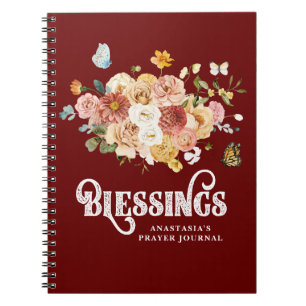 Caderno Espiral Diário Rustic Burgundy Red Pink Bênçãos Florai
