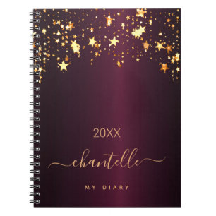 Caderno Espiral Diary burgundy gold stars Nome monograma moderno