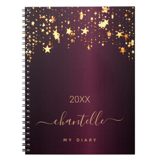 Caderno Espiral Diary burgundy gold stars Nome monograma moderno (Frente)