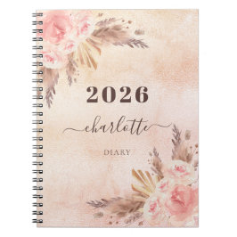 Caderno Espiral Diary pampas rosa gold florals name