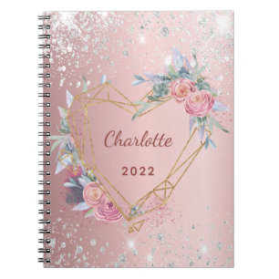 Caderno Espiral Diary rosa floral glitter name