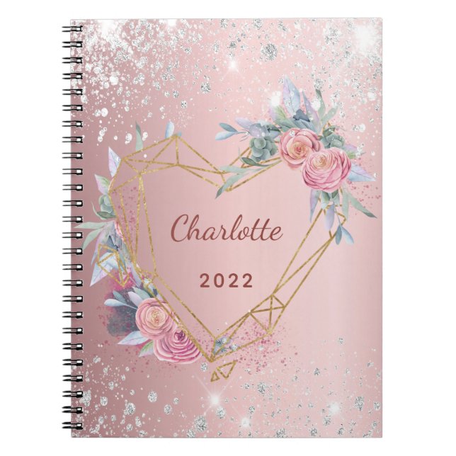 Caderno Espiral Diary rosa floral glitter name (Frente)
