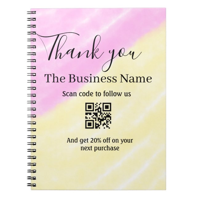 Caderno Espiral Digitalize QR para nos seguir código de desconto r (Frente)