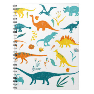 Caderno Espiral Dinossauros estilizados, elementos florais, fofos.
