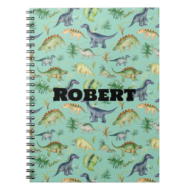 Caderno Espiral Dinossauros Fofos Padrão Aquarela Verde Infantil  (Frente)