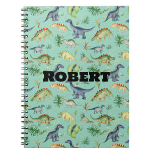 Caderno Espiral Dinossauros Fofos Padrão Verde Aquarela Infantil 